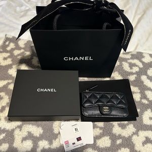 Authentic CHANEL Caviar Quilted Flap Zip Card Holder Black Gold Hardware Classic